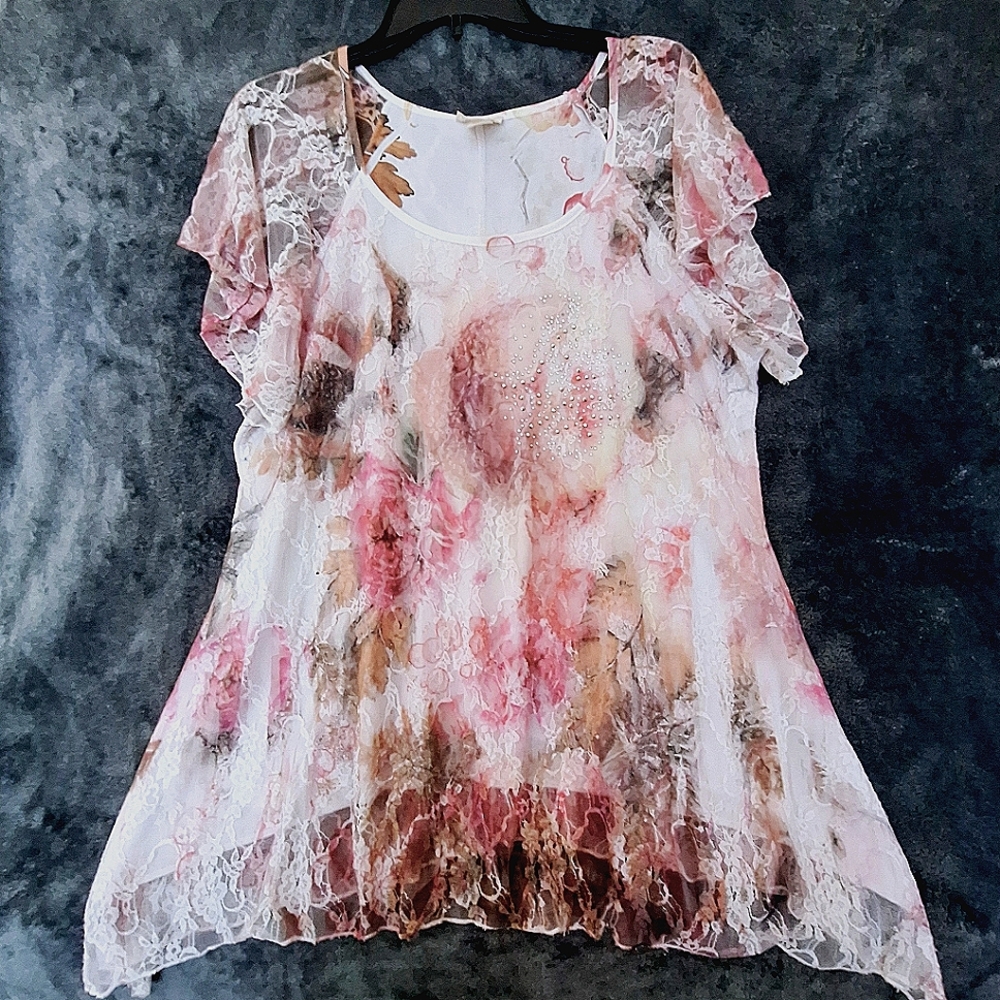 Women Brittany Black Tunic Top, 1X Pinkish Peach